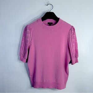 ontwelfth Floral Lace Puff Sleeve Ribbed Knit Short Sleeve Cotton Sweater Sz L